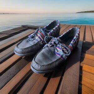 Sebago Womens 11 Docksides‎ Shoes Navy Leather Moc Toe Tribal Aztec Southwest